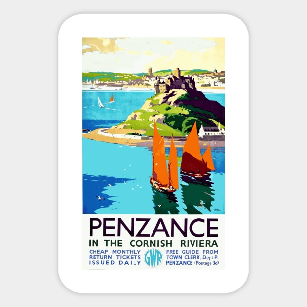 Penzance in the Cornish Riviera - Vintage British Travel Poster Art Sticker by Naves